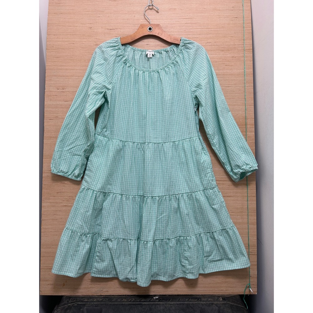 J.Crew Womens XS Green Gingham Tiered Mini Dress Long Sleeve Pockets 4335